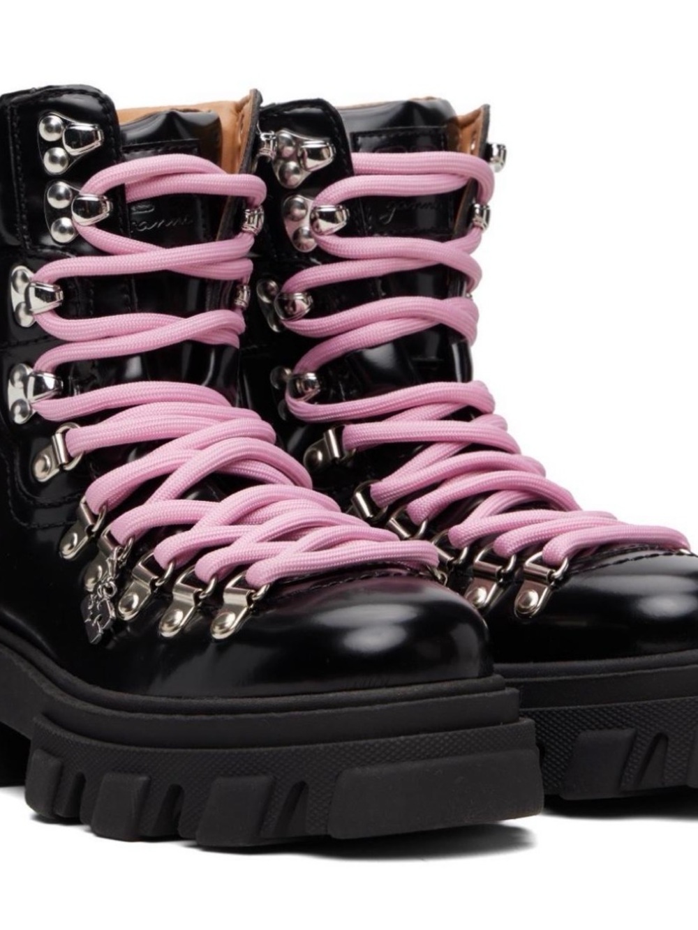 Ganni Black Patent Lace-Up Platform Boots with Pink Laces EU 37